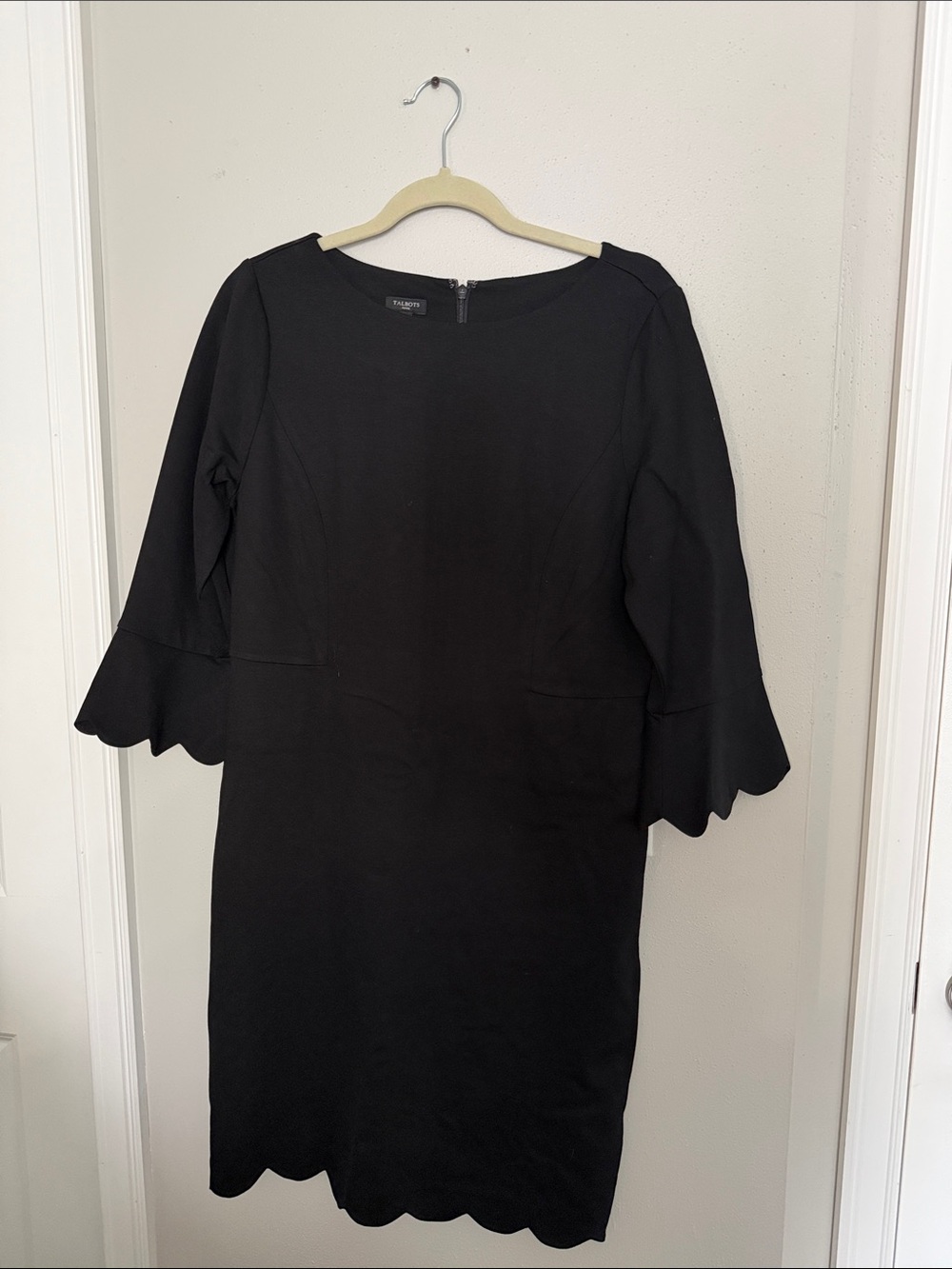 Talbots Black Scalloped Hem Bell Sleeve Sheath Dress